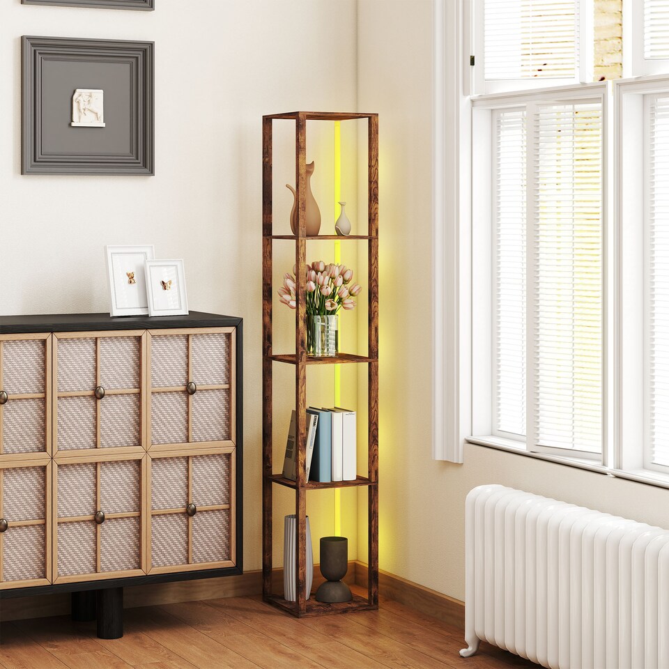 image 1 of HOMCOM RGB LED Floor Lamp with Shelves, Modern Dimmable Standing Lamp with Remote Control, Adjustable Brightness & Speed for Living Room, Bedroom, Office, Rustic Brown | Brown