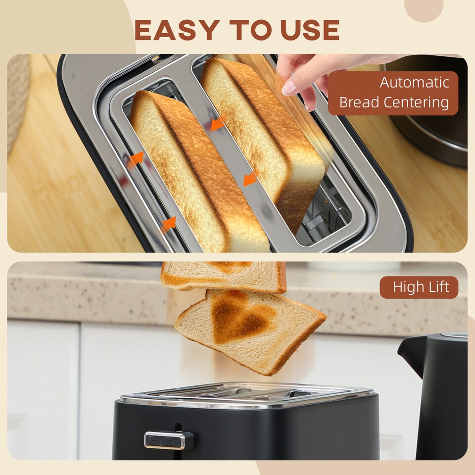 image 1 of HOMCOM Kettle and Toaster Set, 1.7L 3000W Fast Boil Kettle & 2 Slice Toaster Kitchen Set with 6 Level Browning Controls, Defrost, Reheat, Black