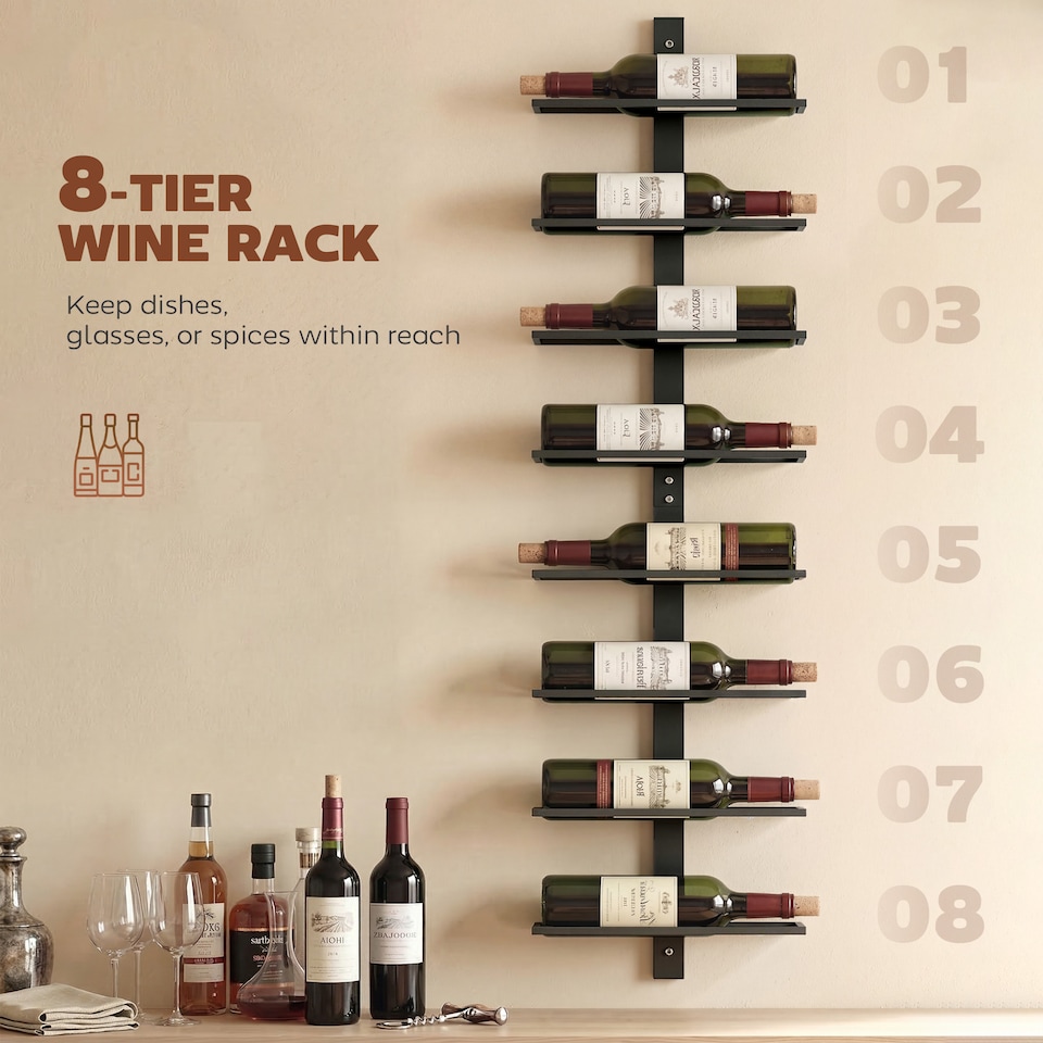 image 1 of HOMCOM Wall Mount Wine Rack for 8 Wine Bottles, Black