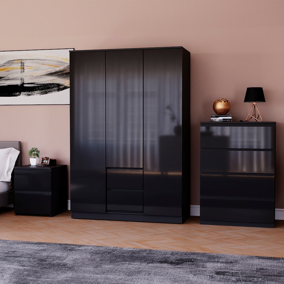 image 1 of Vida Designs Glinton 3 Piece FSC Certified Bedroom Set (2 Drawer Bedside Chest, 4 Drawer Chest, 3 Door 2 Drawer Wardrobe), Black | Black | Black | L | 3