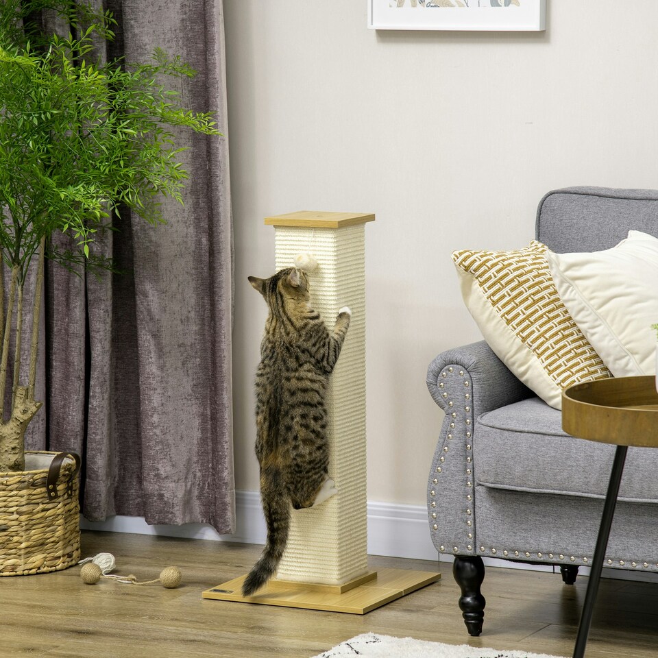 image 1 of PawHut Cat Scratch Post 80cm Tall, with Sisal Hanging Ball Toy, Oak Beige