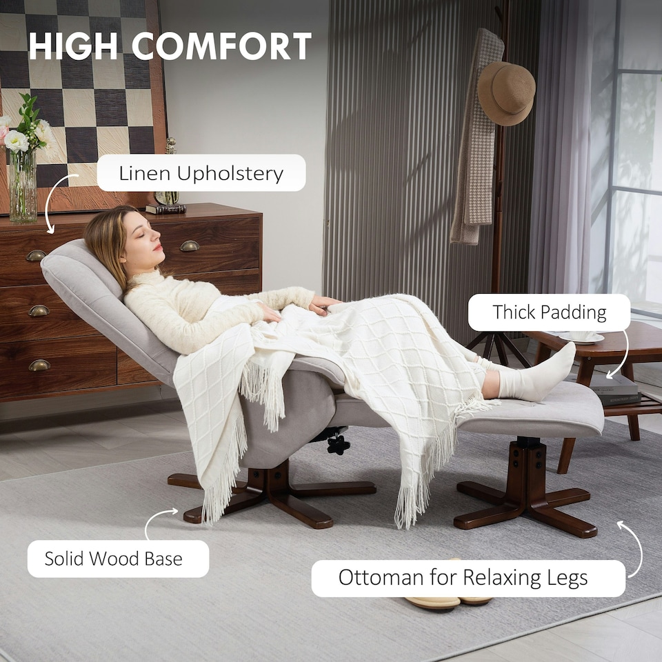 image 1 of HOMCOM Swivel Recliner Chair with Footstool and Wooden Base, Light Grey