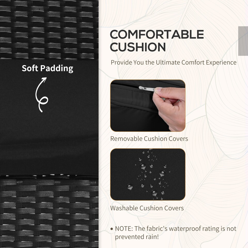 image 1 of Outsunny 3 Pieces Rattan Bistro Set, Wicker Garden Furniture Set with Glass Top Coffee Table and Chairs, Washable Cushions, for Outdoor, Patio, Balcony, Black