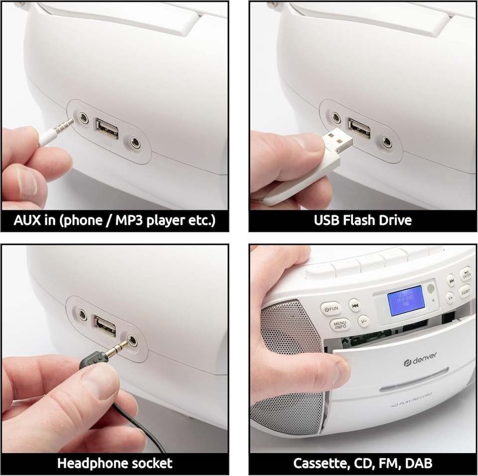 image 1 of Denver Portable Radio CD Tape Cassette Player With DAB Radio – Mains or Battery Power - TDC-280 | White