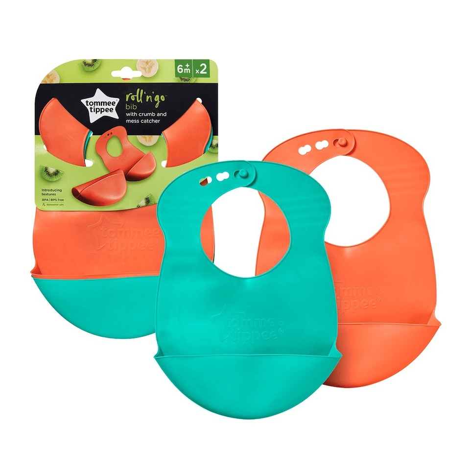 Tommee Tippee Roll ’N’ Go Silicone Bib | Soft Baby Feeding Bib with Crumb Catcher Pocket | Rollable Toddler Weaning Bib for Home & Travel