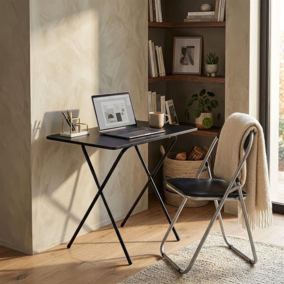 image 1 of Harbour Housewares Wooden Folding Desk & Chair Set - All Black | Black | All Black