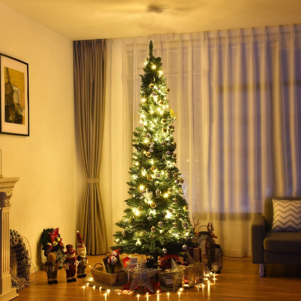 image 1 of COSTWAY 7Ft Slim Pencil Artificial Christmas Tree Home Decor w/Solid Metal Legs Green
