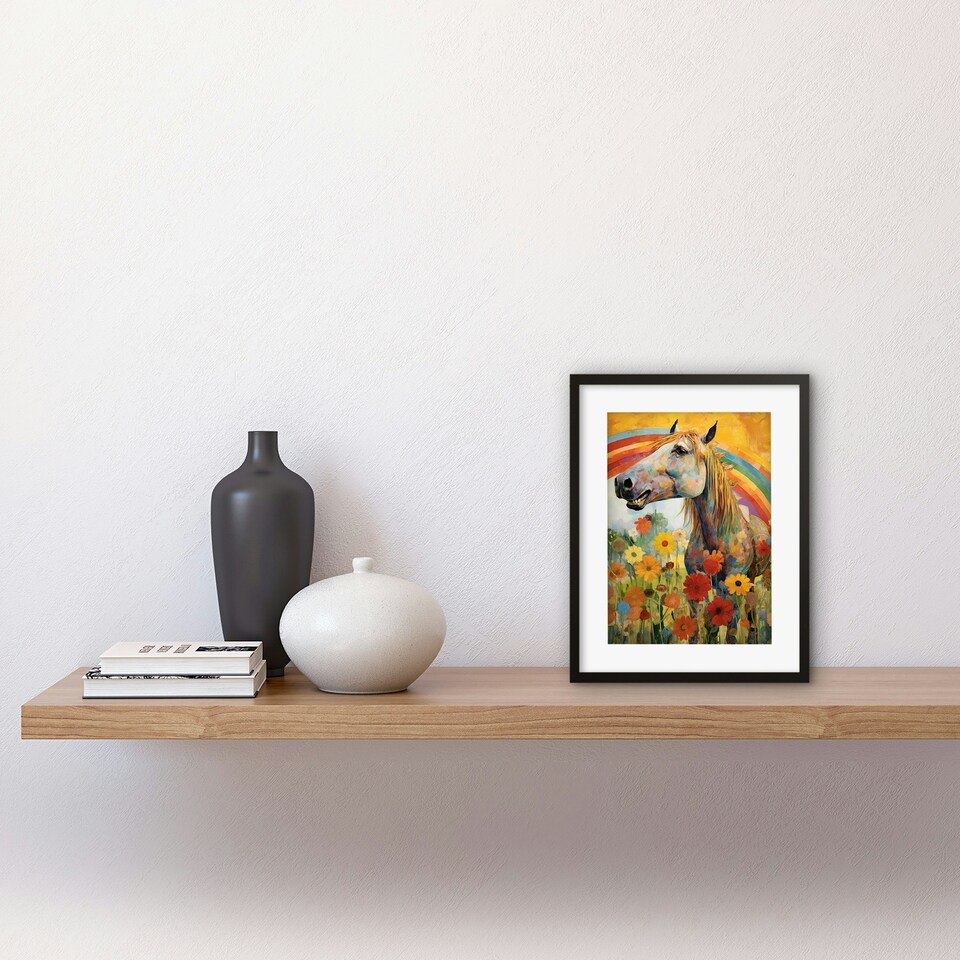 image 1 of Girls Bedroom Nursery Rainbow Horse Flowers 9x7" Black Framed Wall Art Print