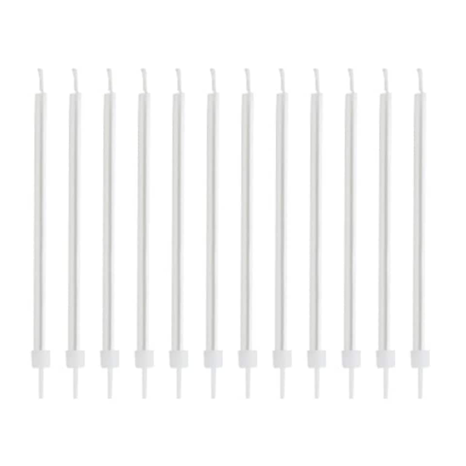 White Skinny Birthday Candles with Holders - Pack of 12
