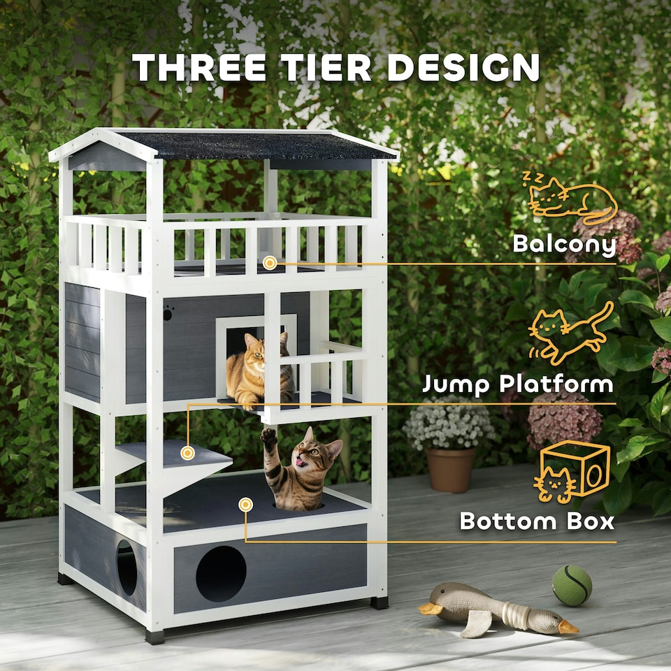 image 1 of PawHut Wooden Outdoor Cat House 3-Tier Kitten Shelter w/ Tilted Roof Grey