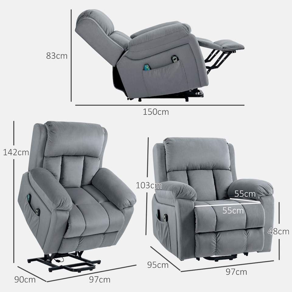 image 1 of HOMCOM Lift Chair Riser and Recliner Chair with Vibration Massage, Heat, Grey | Grey