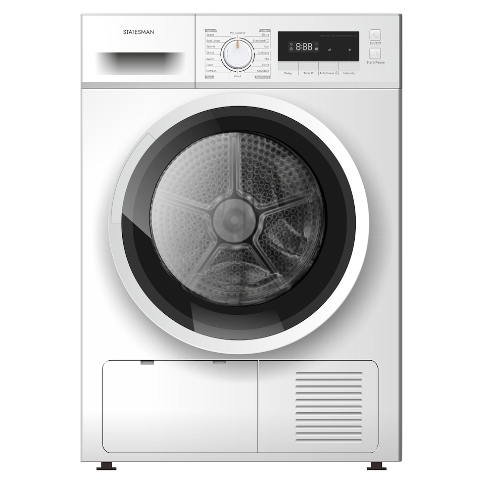 Statesman TCM08W Freestanding Condenser Tumble Dryer, 8kg Load Capacity, Anti Crease Function, Digital LED Display, Add Garment Function, Interior Light, White