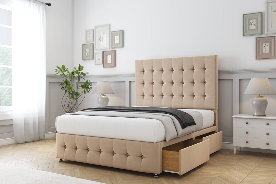 image 1 of Sloomy Berlin Pebble Plush Divan Bed With Mattress 4 Drawers With 26" Strutted Headboard & 12" Matching Footboard 5' King | Brown | Pebble | King | 1