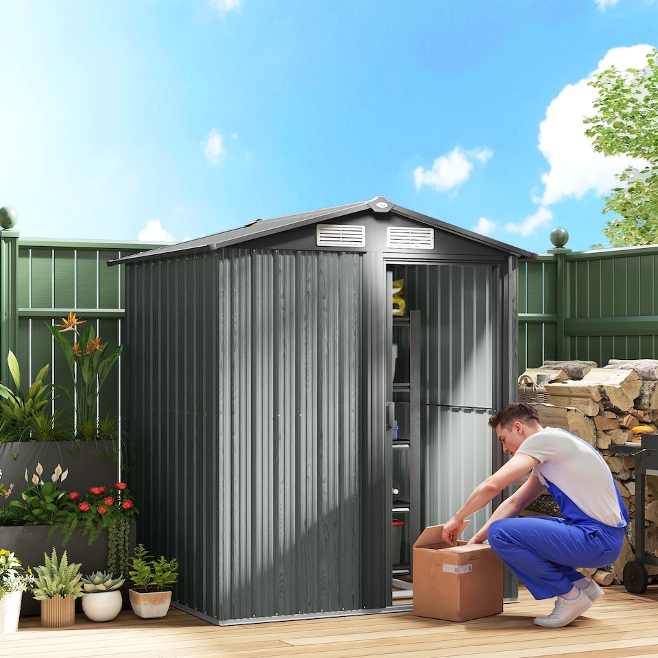 image 1 of Outsunny 5ft x 4ft Garden Shed, Metal Tool Storage Shed with Sliding Door, Sloped Roof and Foundation Kit for Garden, Patio, Grey Wood Effect | Grey | 1