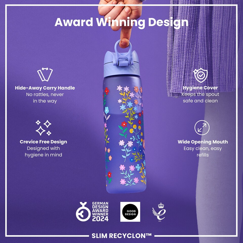 image 1 of Leak Proof Slim Water Bottle, BPA Free, 500ml (18oz) | Purple | Delicate Floral | One Size