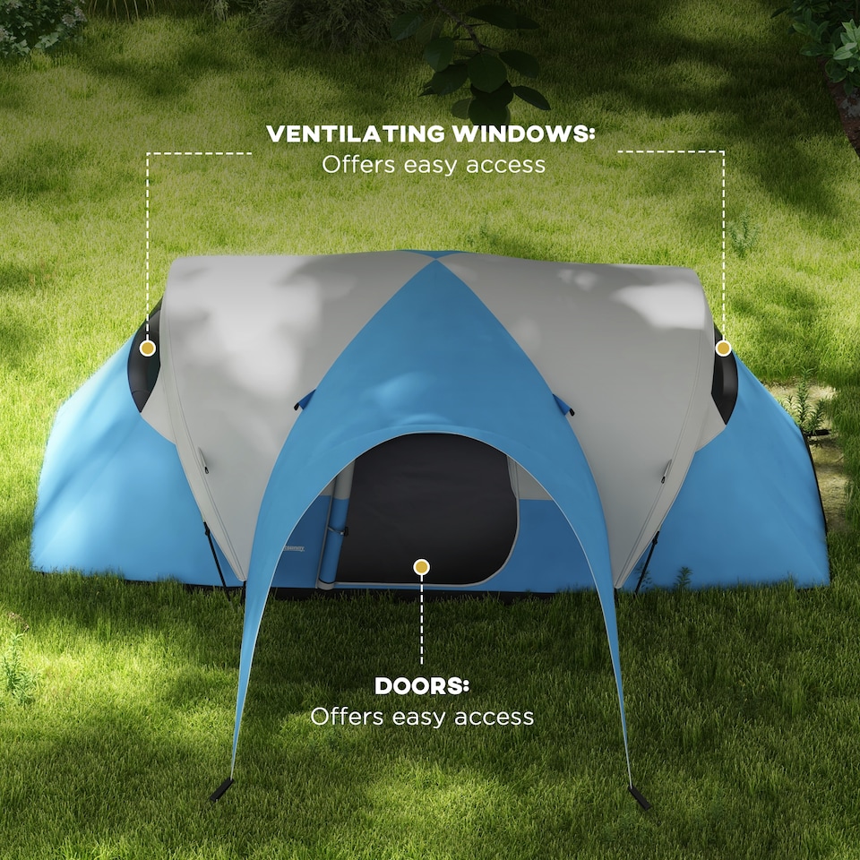 image 1 of Outsunny 3000mm Waterproof Camping Tent with Porch & Sewn in Groundsheet, Blue