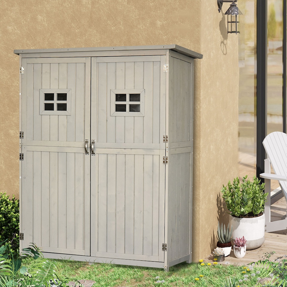 image 1 of Outsunny Wooden Garden Shed with Two Windows, Tool Storage Cabinet, Outdoor Double Door Organizer 127.5L x 50W x 164H cm, Grey