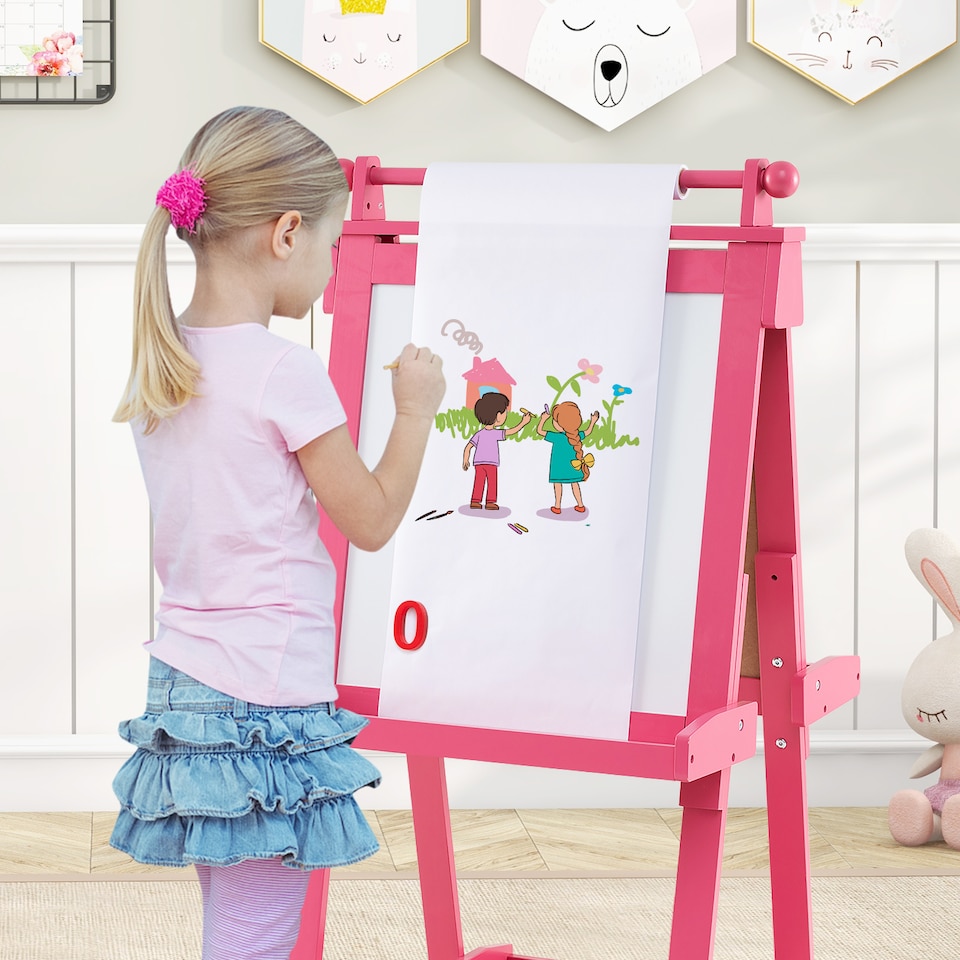 image 1 of COSTWAY Foldable Easel Kids 3-in-1 Double-sided Art Easel w/Chalkboard-Pink