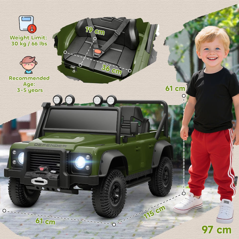 image 1 of AIYAPLAY Land Rover Licensed Electric Car for Kids, 12V Battery-Powered Kids Ride On Car with Remote Control, Music, Horn, Suspension Wheels, LED Lights, Off-Road Toy for 3-5 Years Old, Green