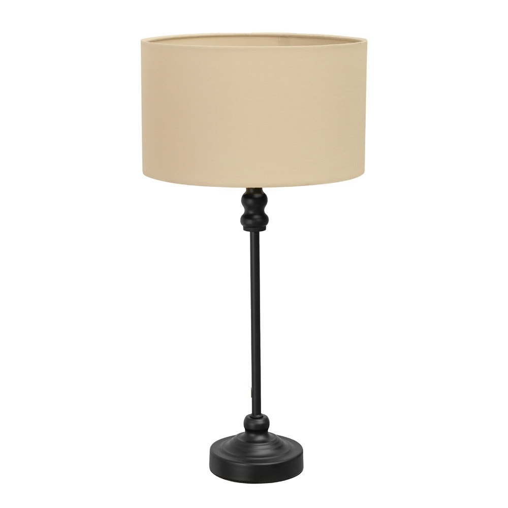 ValueLights Maggie Black Metal Candlestick Table Lamp with Fabric Drum Shade & LED Bulb in Natural