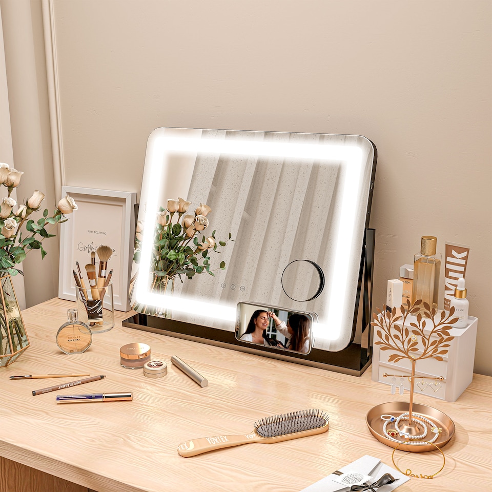 image 1 of HOMCOM Vanity Mirror with Lights, 6350 cm Lighted Makeup Mirror with 3 Colour Lighting Modes, 10 Magnifying, USB Charging Port, Phone Holder, 360 Degree Rotation, Touch Screen, for Dressing Table