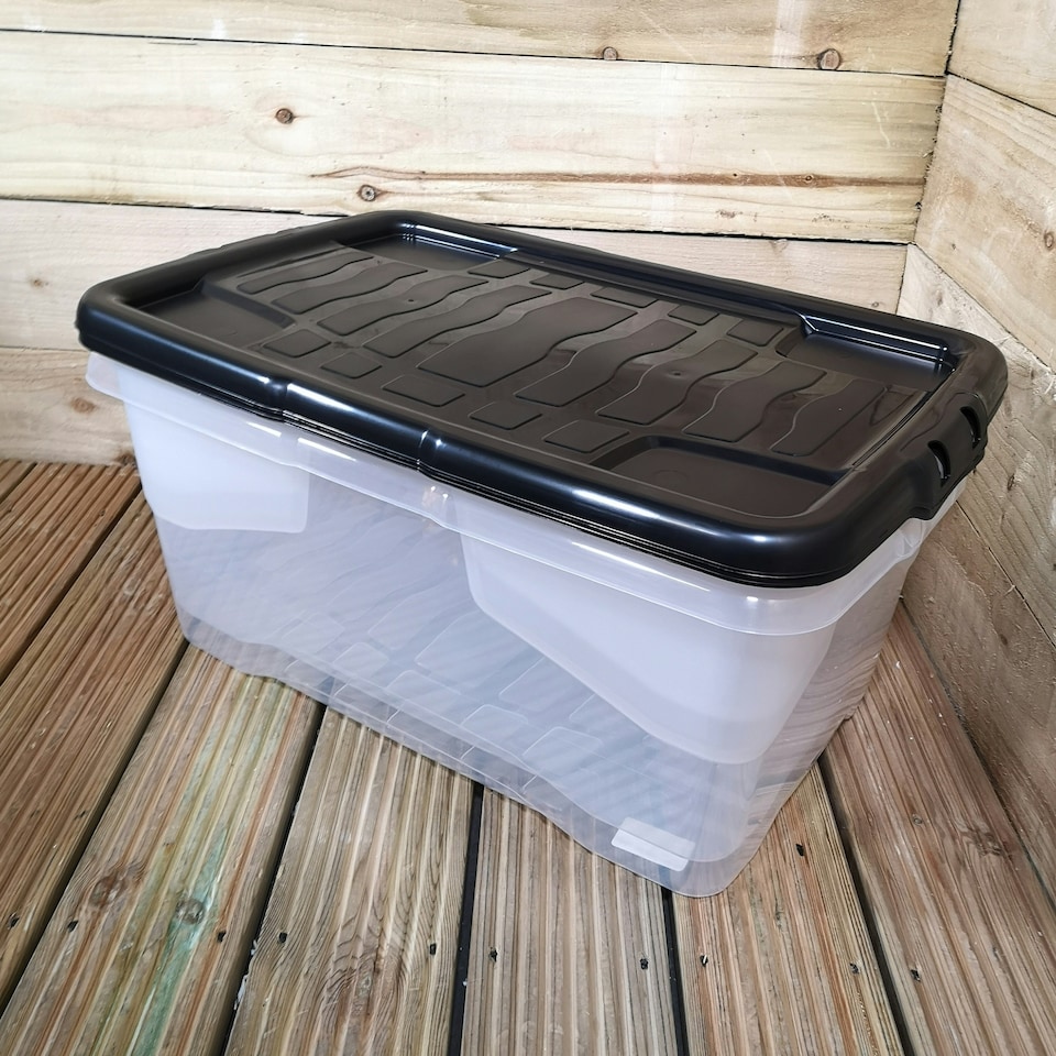 image 1 of 2 x 42L Clear Storage Box with Black Lid, Stackable and Nestable Design Storage Solution