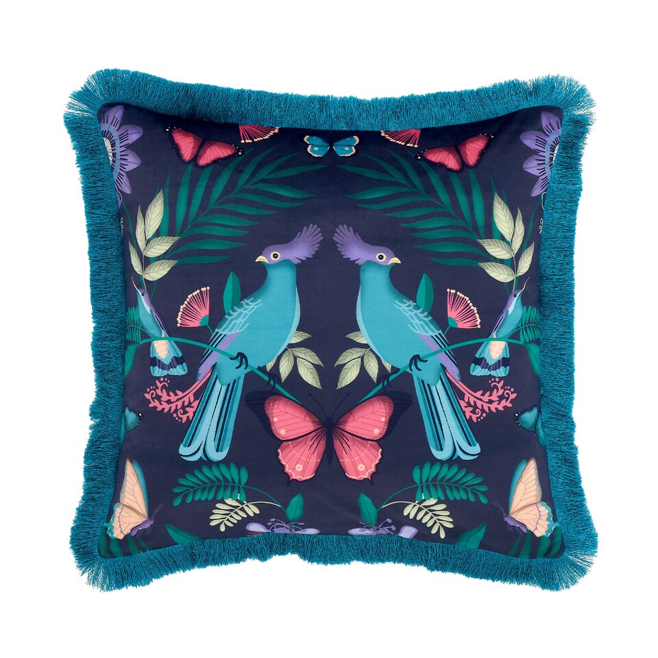 image 1 of Catherine Lansfield Mya Tropical Birds Cushion | Blue | Navy Blue | 45x45cm