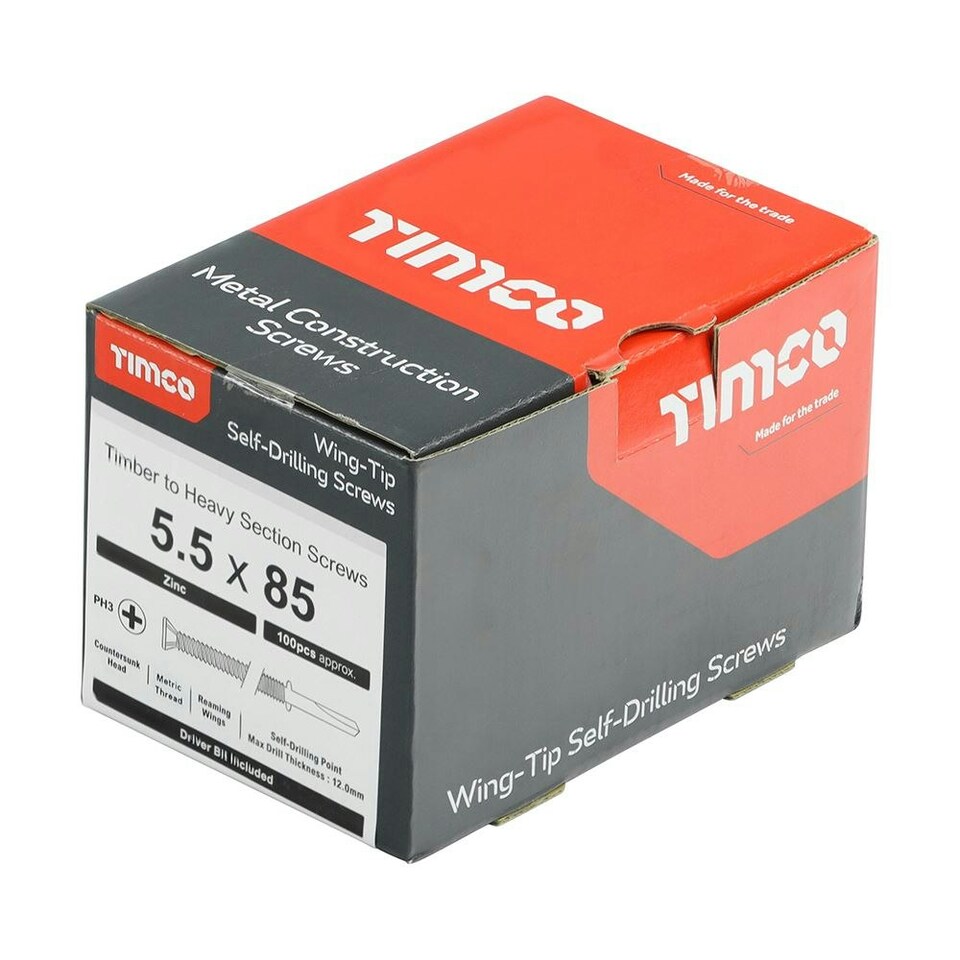 image 1 of Timco - Metal Construction Timber to Heavy Section Screws - Countersunk - Wing-Tip - Self-Drilling - Zinc (Size 5.5 x 85 - 100 Pieces)