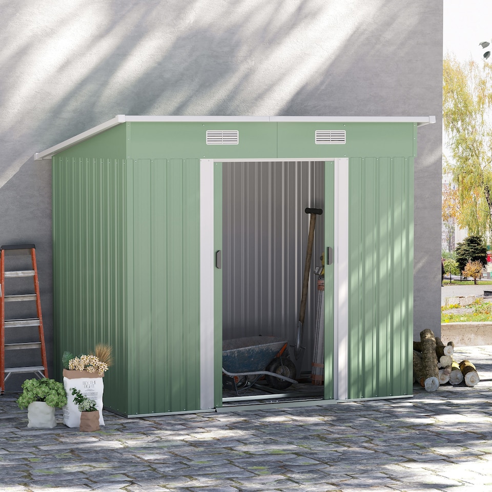 image 1 of Outsunny 7 x 4ft Outdoor Storage Shed, Lean to Metal Garden Shed with Foundation Kit for Log, Rubbish Bin, Tool, Lawnmower, Bike, Light Green