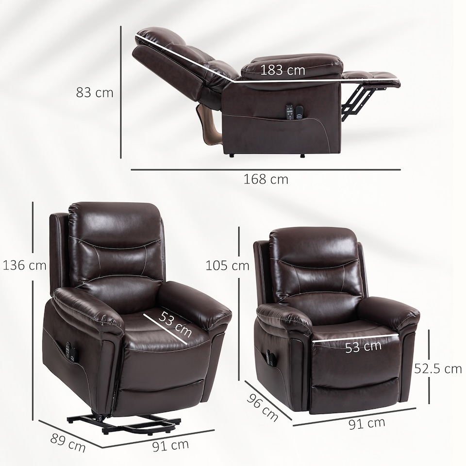 image 1 of HOMCOM Power Lift Recliner Chair with Vibration Massage and Heat, PU Leather Lift Chair with USB Port, Side Pockets, Spring Cushion, Remotes, Riser and Reclining Armchair for Living Room, Brown | Brown | Brown