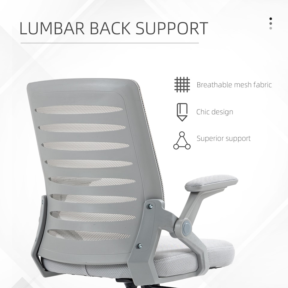 image 1 of Vinsetto Mesh Office Chair, Swivel Task Desk Chair with Lumbar Back Support, Flip-Up Arm, Adjustable Height for Home Office, Grey