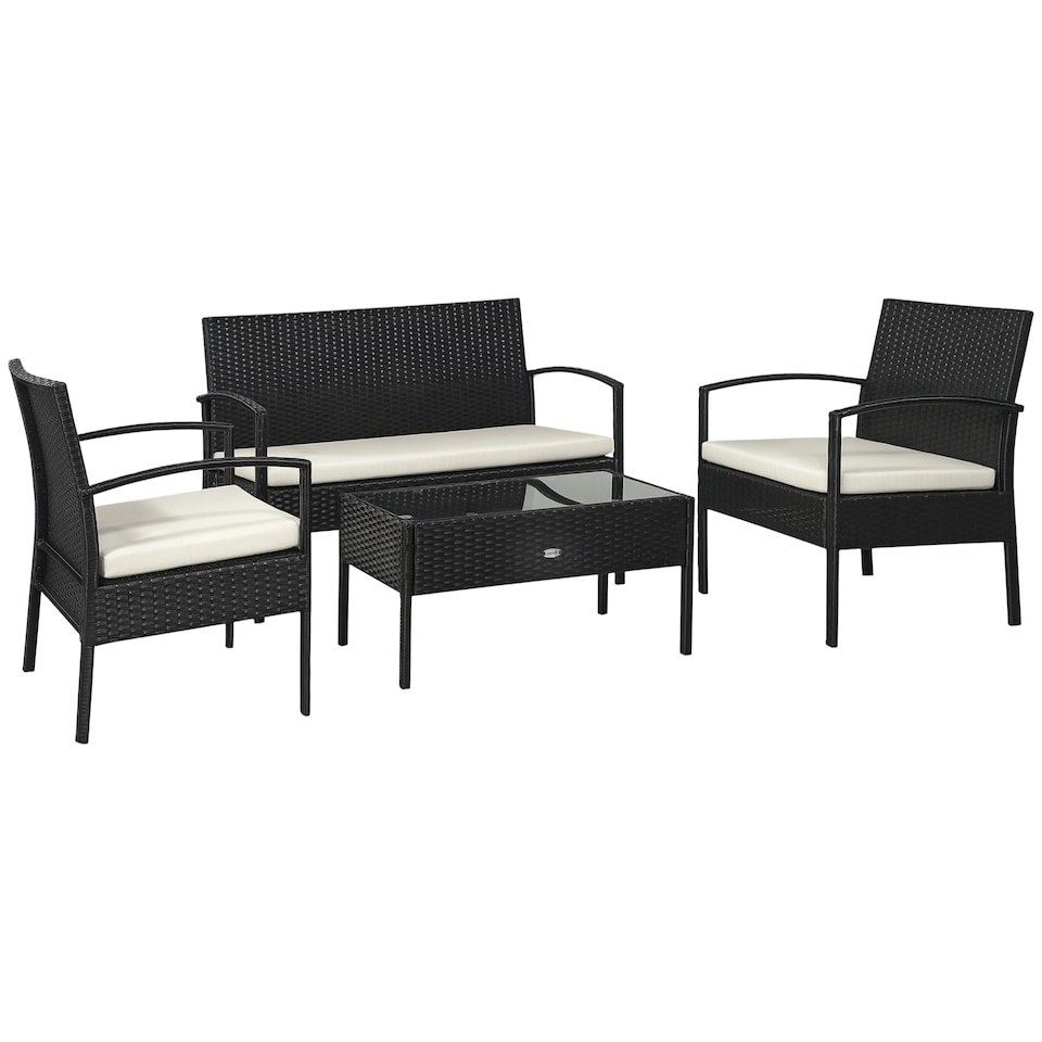 image 1 of Outsunny 4 Pieces Rattan Garden Furniture Set, 4 Seater Garden Sofa Set with Loveseat, Armchairs and Glass Top Table, Wicker Conservatory Furniture with Cushions for Patio, Balcony, Black