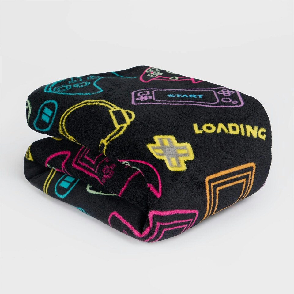 image 1 of OHS Kids Gaming Soft Fleece Sherpa Reverse Over Bed Blanket Throw, Black - 100x120cm