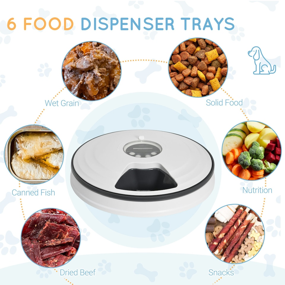 image 1 of PawHut Pet Feeder w/ Digital Timer Six-Meal Food Dispenser Trays White