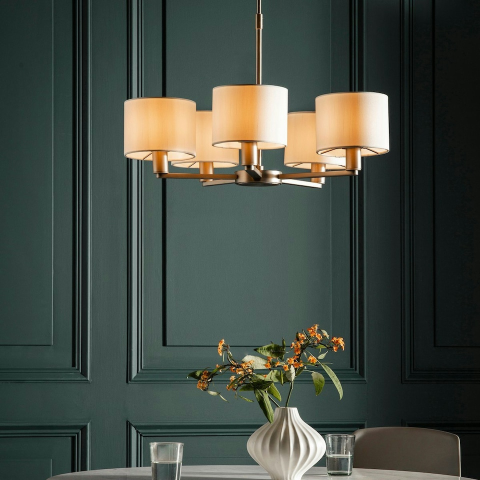 image 1 of Daley 5 Light Multi Arm Ceiling Pendant Matt Nickel, Vintage White Silk Effect, E14