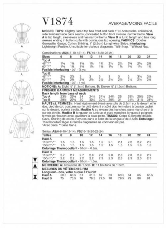 image 1 of Vogue 1874 Paper Sewing Pattern – Women’s Top, Size F5 (16–18–20–22–24), Intermediate