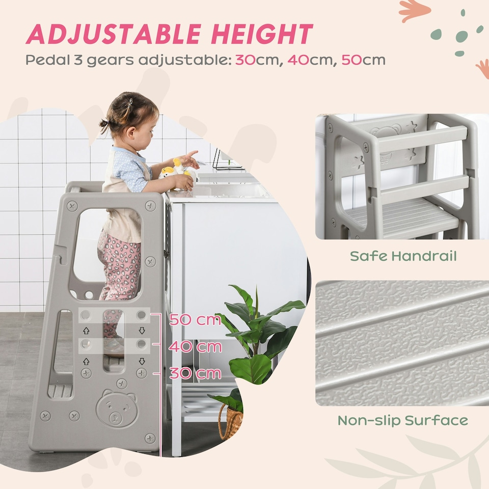 image 1 of HOMCOM Kids Step Stool, Adjustable Standing Platform, Toddler Kitchen Stool Grey