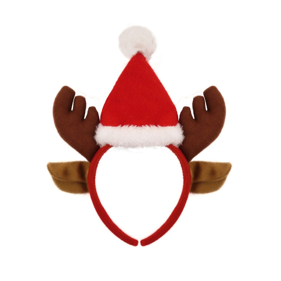 image 1 of Reindeer Headband with Santa Hat