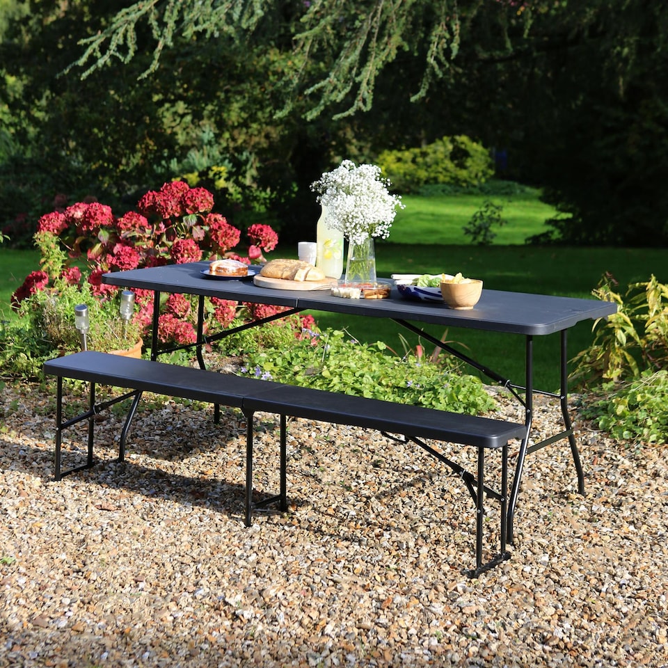 image 1 of Harbour Housewares Folding Camping Picnic Table & Bench Set - 180cm (6ft) - Black | Black | Black