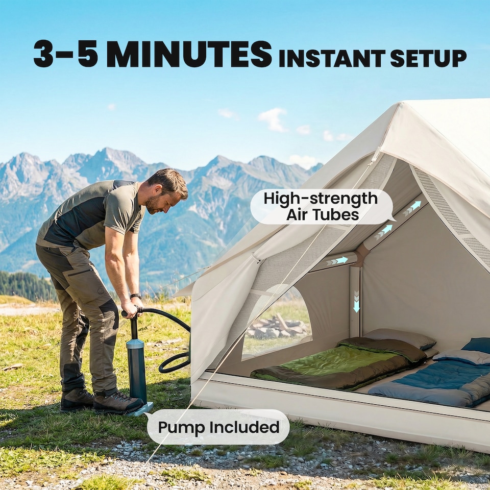 image 1 of Outsunny Inflatable Tent Waterproof for 2-4 Person | Cream | Beige | 300 x 210 x 190 cm