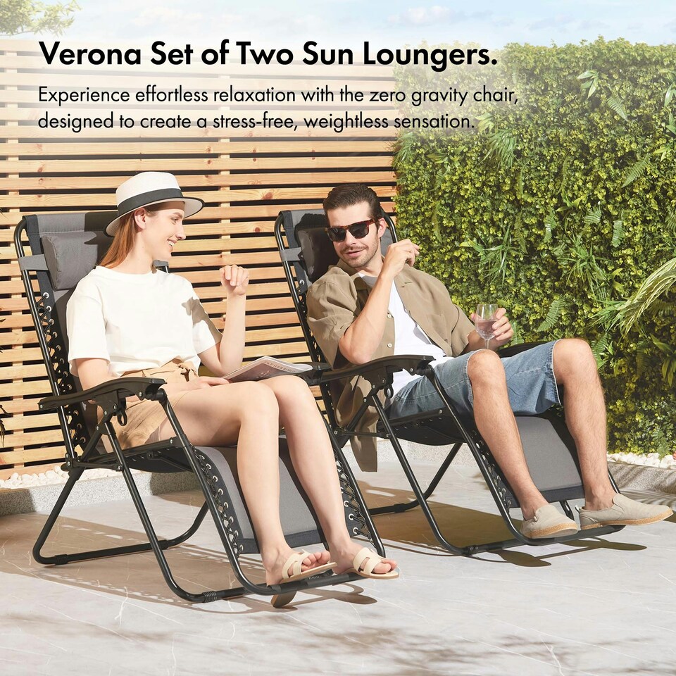 image 1 of VonHaus Set of 2 Padded Folding Zero Gravity Sun Lounger Chairs for Garden Grey