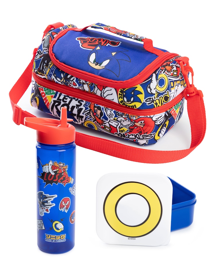 image 1 of Sonic the Hedgehog Boys Blue Lunch Bag with Bottle & Snack Pot | Let's Roll Sonic Character Design | Adjustable Shoulder Straps | Back to School Essentials | Sonic Merch