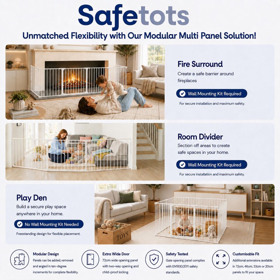 image 1 of Safetots Premium Multi Panel Room Divider, up to 370cm Wide, White, 70cm Tall, Flexible Barrier with Door for Baby and Toddler