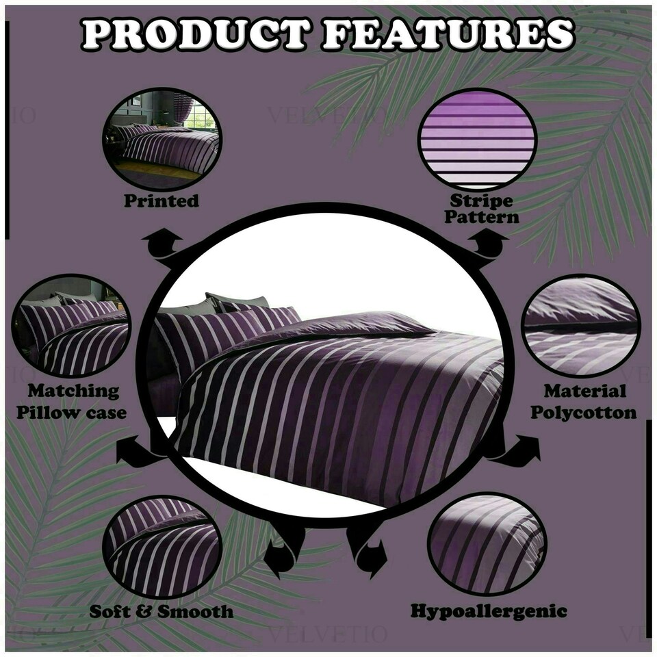 image 1 of VELVETIO Oscar Stripe Duvet Cover Set Reversible Polycotton Easy Care Beddings Purple | Super King