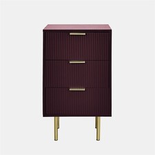 OHS Ribbed Bedside Table Modern Bedroom 3 Draw Office Nightstand | Red | Dark Berry