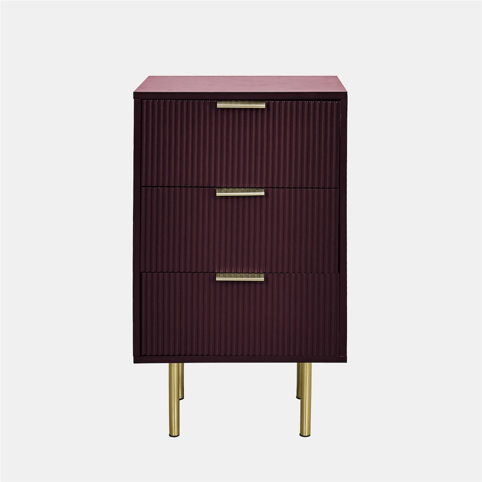 image 1 of OHS Ribbed Bedside Table Modern Bedroom 3 Draw Office Nightstand | Red | Dark Berry