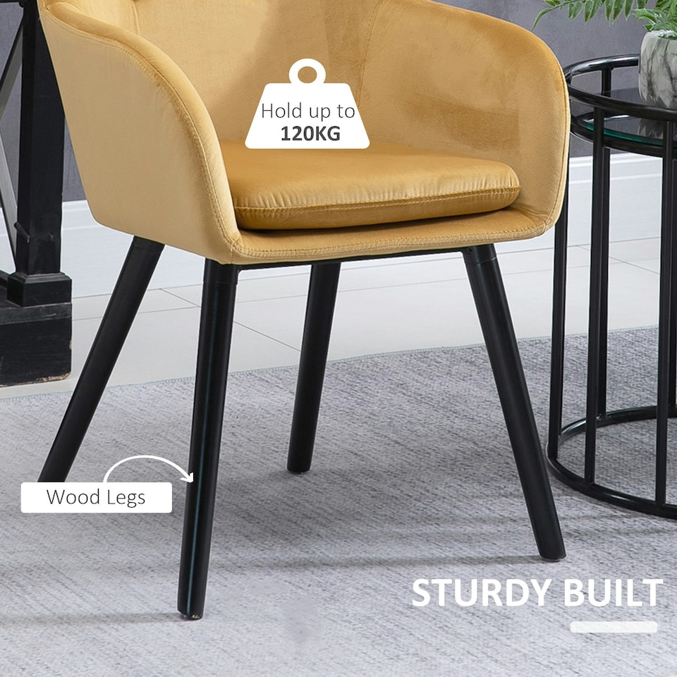 image 1 of HOMCOM Upholstered Velvet Fabric Bucket Seat Dining Armchair Set of 2 Yellow