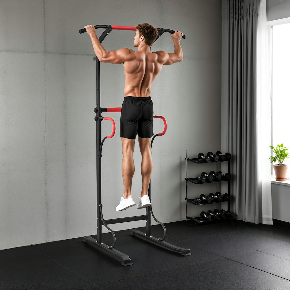 image 1 of HOMCOM Steel Multi-Use Exercise Power Tower Station Adjustable Height w/ Grips