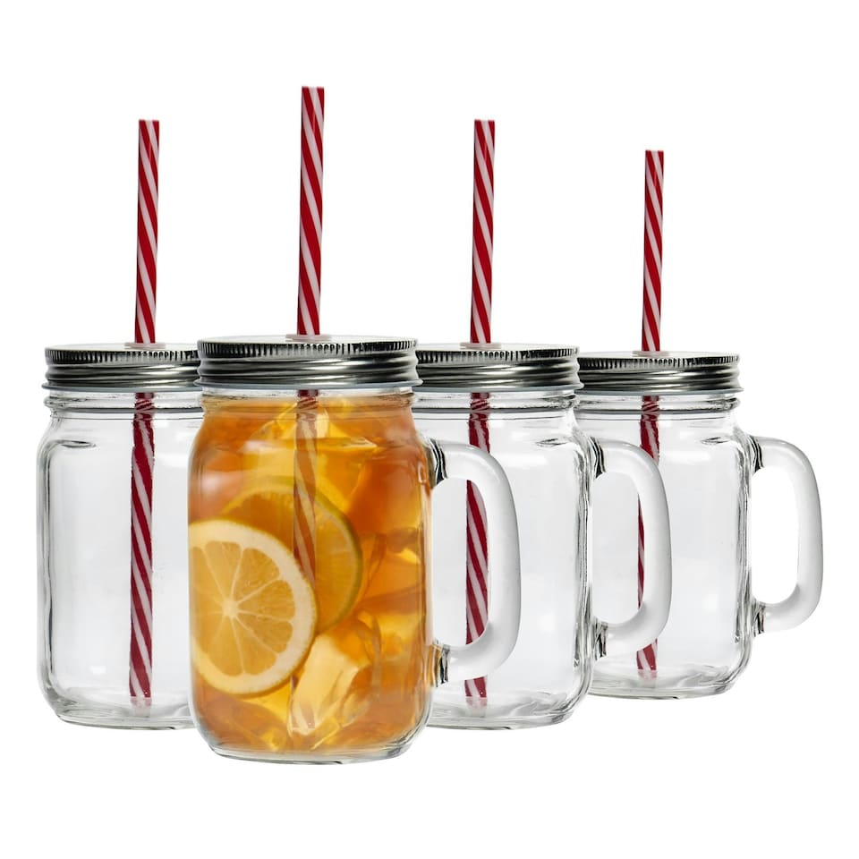 image 1 of Rink Drink Mason Drinking Jar Glasses with Straws - 450ml - Pack of 4 Clear