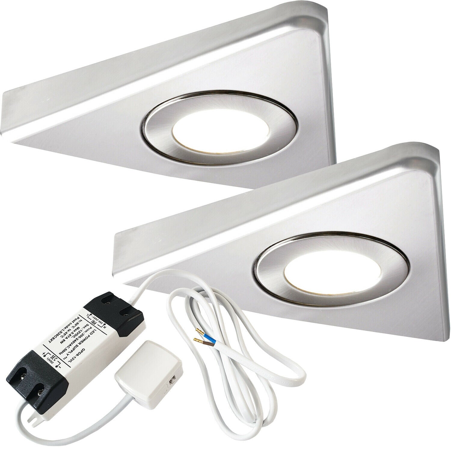 Loops 2x BRUSHED NICKEL Triangle Surface Under Cabinet Kitchen Light & Driver Kit - Natural White LED in Metallics